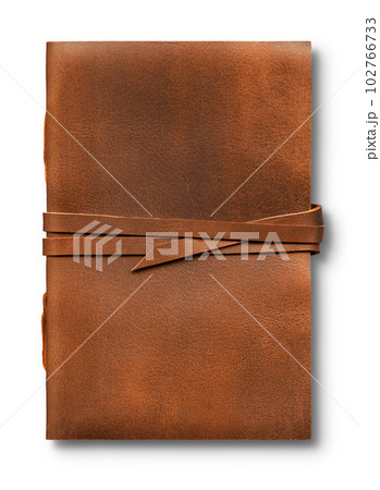 Old worn brown leather notebook isolated on white background 102766733