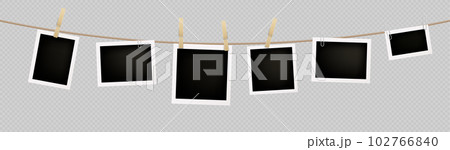 Realistic set of instant photos hanging on rope 102766840