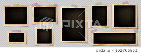 Realistic old photos attached with sticky tape 102766853