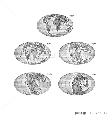 Plate tectonics on the planet Earth. Pangaea. Continental drift. Supercontinent at 250 Ma. Era of 102766949