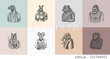 Grizzly Bear, Octopus, t-rex dinosaur, Elephant, Indian cobra snake, Fox with a smoking pipe, lion Grizzly Bear, Octopus, t-rex dinosaur, Elephant, Indian cobra snake, Fox with a smoking pipe, lion 102766952