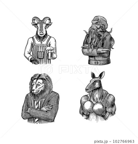 Octopus, lion businessman, Goat with beer, boxer kangaroo. Gentleman Fashion animal character in a 102766963