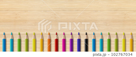 Colored pencil group isolated on wooden background. Panoramic banner background 102767034