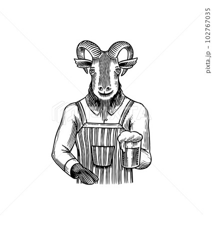 Goat bartender character in a suit with beer. Fashion Animal in Retro Clothing in an apron. Vintage 102767035