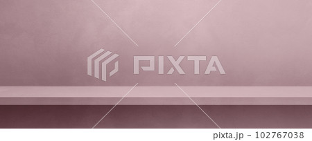 Empty shelf on a light lilac pink concrete wall. Background template. Horizontal banner mockup 102767038