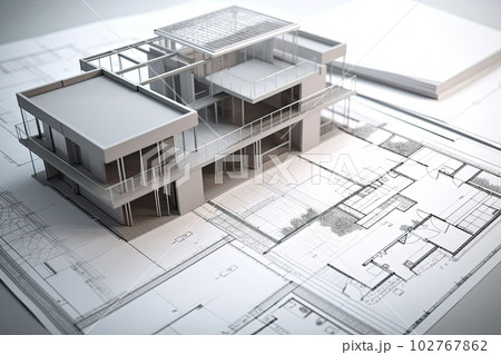 Building project plan. Blueprint of a modern house with 3d model. Generative AI 102767862