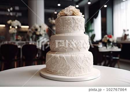 The ornate wedding cake with flowers and berries in modern interior. Generative AI 102767864