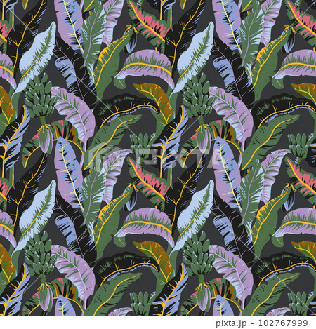 Beautiful seamless pattern with hand drawn colorful tropical palm leaves. Stock illustration. Wallpapper textile fabric design. 102767999