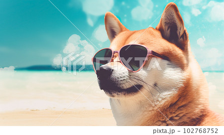 ビーチでくつろぐサングラスをした柴犬「AI生成画像」 102768752