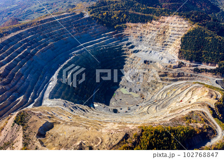 Aerial view of Rosia Poieni open pit copper mine, Romania 102768847