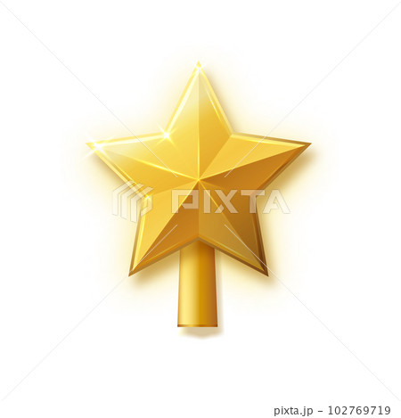 Christmas gold tree topper vector. 3d realistic golden star decoration in , decorative traditional shiny design for top of Xmas pine tree. Vector 102769719