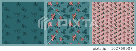 Set of green and pink seamless patterns with roses 102769907
