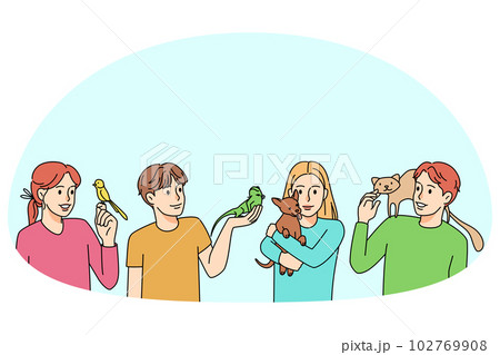 Happy kids play with diverse pets 102769908