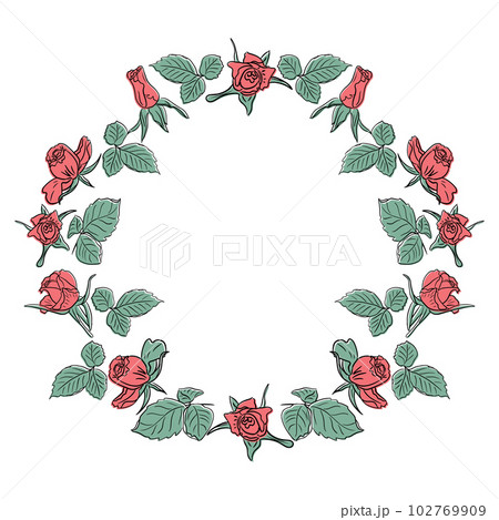 Hand drawn pink and green wreath with roses 102769909