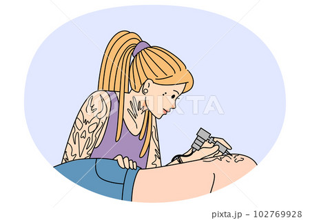 Woman artist draw ink tattoo on client body Woman artist draw ink tattoo on client body 102769928