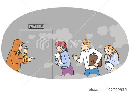 Fireman help employees escape office during fire Fireman help employees escape office during fire 102769936