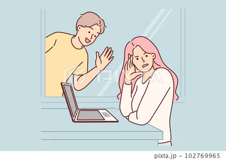 Woman ignores annoying man stalker who wants to start romantic relationship or inviting on date Woman ignores annoying man stalker who wants to start romantic relationship or inviting on date 102769965