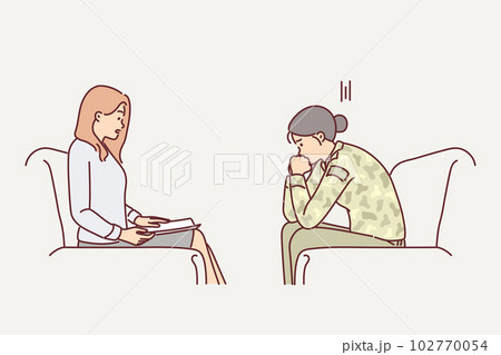 Woman military soldier with psychologist helping to get rid psychological problems received in army 102770054