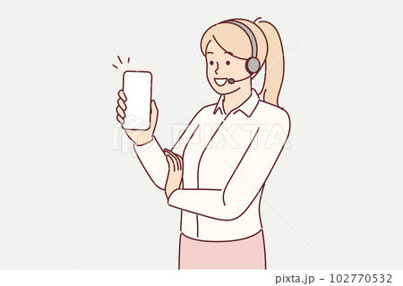 Woman operator works in support service and uses headset for call center advising customers 102770532