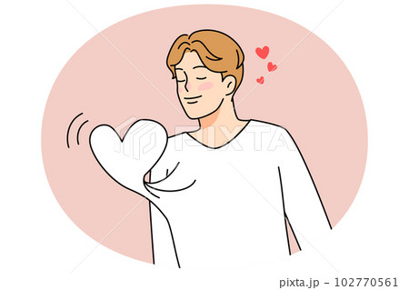 Young man with heart beating in chest Young man with heart beating in chest 102770561