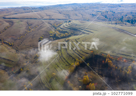 Above aerial view of countryside meadow in the autumn Above aerial view of countryside meadow in the autumn 102771099