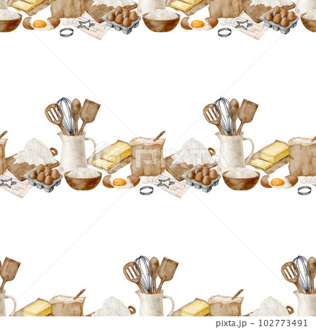 Baking ingredients and tools seamless border. Watercolor pattern with cooking utensils in jug, flour bag, dough, eggs, butter, isolated on white. Kitchenware illustration. Bakery, pastry background. Baking ingredients and tools seamless border. Watercolor pattern with cooking utensils in jug, flour bag, dough, eggs, butter, isolated on white. Kitchenware illustration. Bakery, pastry background. 102773491