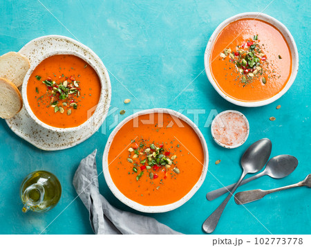 Gaspacho soup on blue, top view 102773778