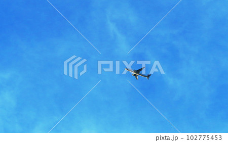 青空を飛ぶ航空機の風景 102775453
