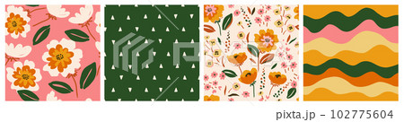 Set of Hand drawn flowers, polka dot, stripe, retro abstract backgrounds. Seamless patterns with floral for fabric, textiles, clothing, wrapping paper, cover, interior decor. 102775604