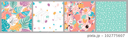 Set of Hand drawn flowers, polka dot, stripe, retro abstract backgrounds. Seamless patterns with floral for fabric, textiles, clothing, wrapping paper, cover, interior decor. 102775607
