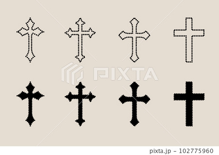 Decorative crucifix religion catholic symbol, Christian crosses. orthodox faith church cross icons design, isolated flat set Decorative crucifix religion catholic symbol, Christian crosses. orthodox faith church cross icons design, isolated flat set 102775960