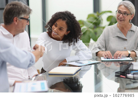 Negotiations in the office. Cheerful businesswoman shaking hands with colleague Negotiations in the office. Cheerful businesswoman shaking hands with colleague 102776985