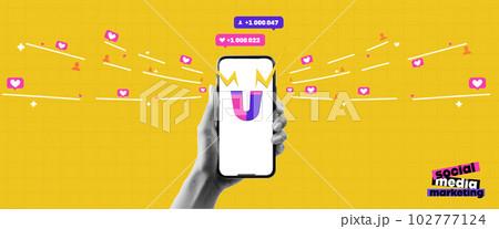 Trending collage banner. With the hand that holds the phone. Advertising attracts subscribers. Blogger. Smm marketing. Attracting users. The sales funnel. Vector illustration Trending collage banner. With the hand that holds the phone. Advertising attracts subscribers. Blogger. Smm marketing. Attracting users. The sales funnel. Vector illustration 102777124