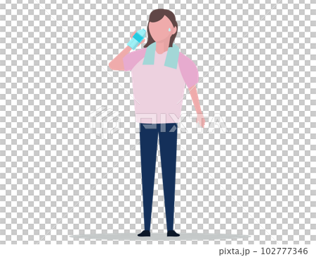 水を飲む女性。ペットボトル。水分補給。ベクターイラスト	 102777346