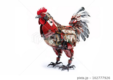 Image of a rooster modified into a robot on a white background. Farm animals. illustration, generative AI. 102777926