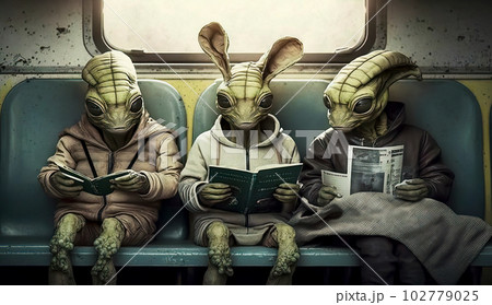 Interstellar Commuters: Anthropomorphic Aliens Engrossed in Beautiful Comic Art on Subway Train 102779025