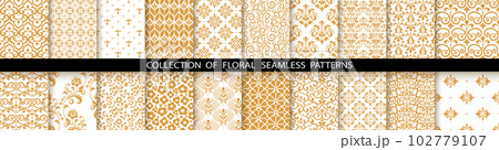 Geometric floral set of seamless patterns. White and gold vector backgrounds. Damask graphic ornaments 102779107