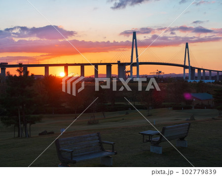 富山県射水市　富山新港元気の森公園から夕焼けの新湊大橋を臨む 102779839
