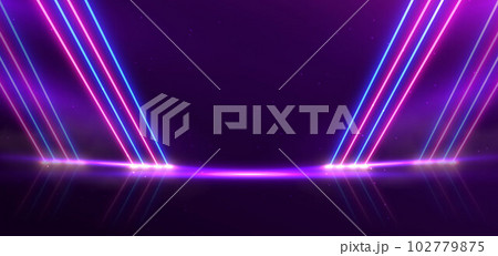 Abstract blue and pink neon diagonal glowing on dark purple background with sparkle. Abstract blue and pink neon diagonal glowing on dark purple background with sparkle. 102779875