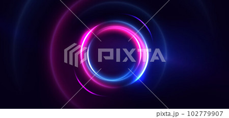 Abstract technology futuristic circles neon glowing blue and pink light lines with speed motion blur effect on dark blue background. Abstract technology futuristic circles neon glowing blue and pink light lines with speed motion blur effect on dark blue background. 102779907
