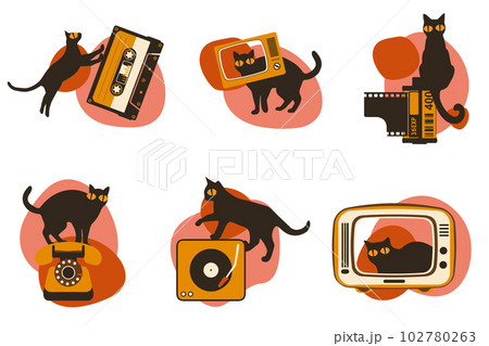 Set vector silhouettes of the cat with retro media icon, different poses on white background, Cute and funny vector. Set vector silhouettes of the cat with retro media icon, different poses on white background, Cute and funny vector. 102780263