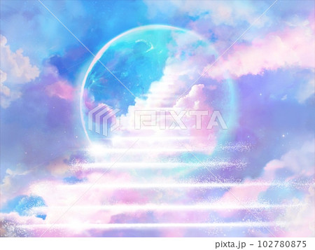 天国へと続く雲の階段と天の光が差し込む幻想的な臨死体験イラスト 102780875