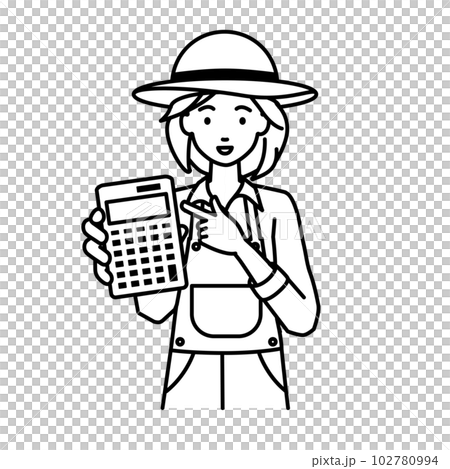 立って電卓を指差してこちらに向けて見せている農家の女性 102780994