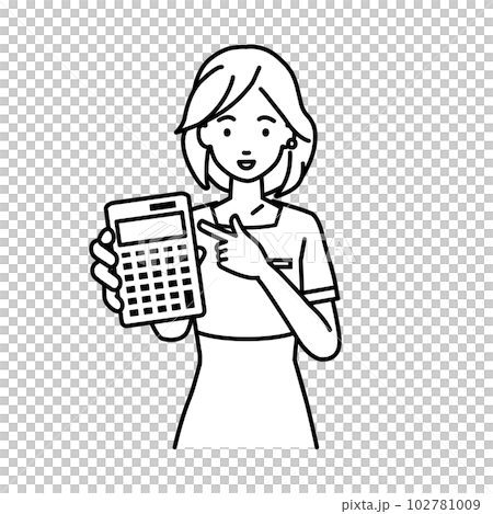 立って電卓を指差してこちらに向けて見せているエステ店員・受付・接客係の女性 102781009