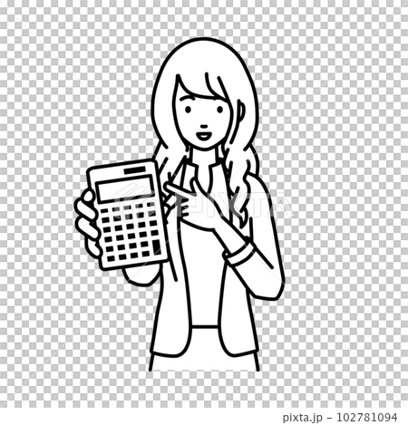 A woman in a jacket standing and pointing at a calculator 102781094