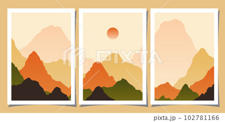 Set of creative abstract mountain landscape and mountain range backgrounds. Minimalist posters with gradient for print, canvas, wall arts, decoration. Set of creative abstract mountain landscape and mountain range backgrounds. Minimalist posters with gradient for print, canvas, wall arts, decoration. 102781166