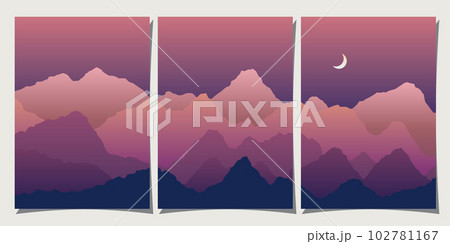 Set of creative abstract mountain landscape and mountain range backgrounds. Minimalist posters with gradient for print, canvas, wall arts, decoration. 102781167