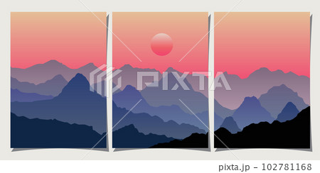Set of creative abstract mountain landscape and mountain range backgrounds. Minimalist posters with gradient for print, canvas, wall arts, decoration. 102781168