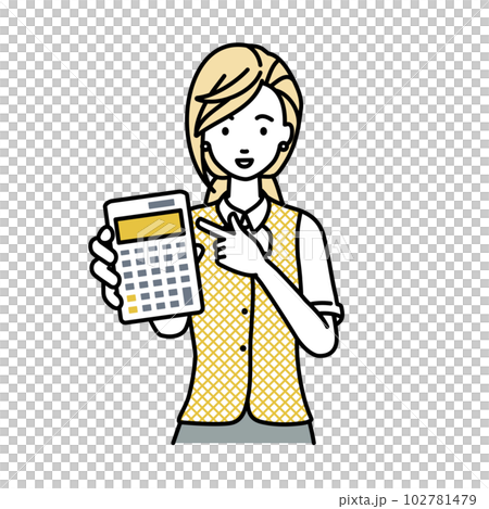 立って電卓を指差してこちらに向けて見せている事務員制服の女性 立って電卓を指差してこちらに向けて見せている事務員制服の女性 102781479