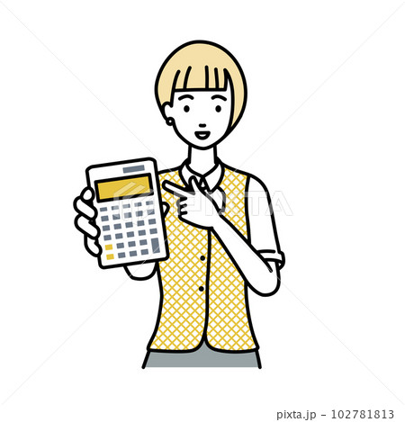 立って電卓を指差してこちらに向けて見せている事務員制服の女性 102781813